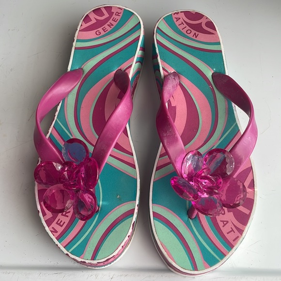 BCBGeneration wedge sandals flip-flops pink turquoise flowers women’s size 7 - Picture 6 of 10